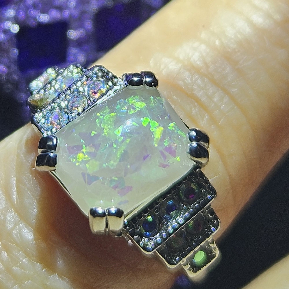 Synthetic Sterling Silver Plated White Fire Opal Ring Size 5 New